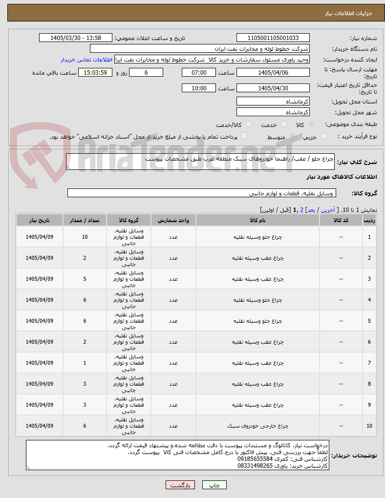 تصویر کوچک آگهی چراغ جلو / عقب/ راهنما خودروهای سبک منطقه غرب طبق مشخصات پیوست