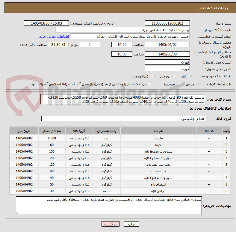 تصویر کوچک آگهی ماست تک نفره 90 گرمی کم چرب به مقدار4000عدد-خرما مرغوب 60ک-سبزی قرمه150ک-لوبیاسبز120ک-سبزی سوپ20ک-ذرت40ک-سبزی اش40ک-سبزی اسفناج50ک-سبزی کرفس30ک