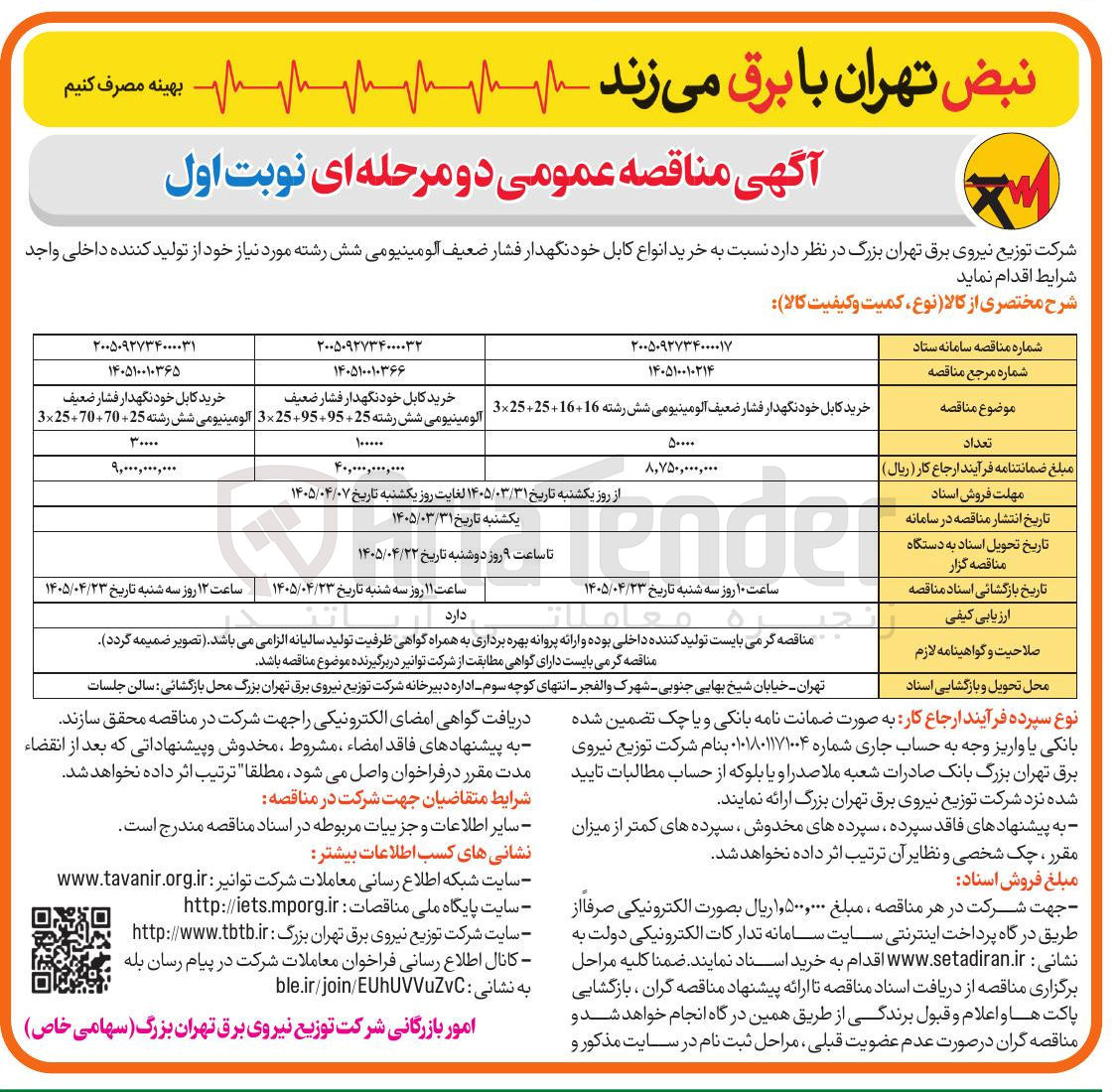 تصویر کوچک آگهی خرید کابل خودنگهدار فشار ضعیف آلومینیومی شش رشته 25+95+95+25×3 