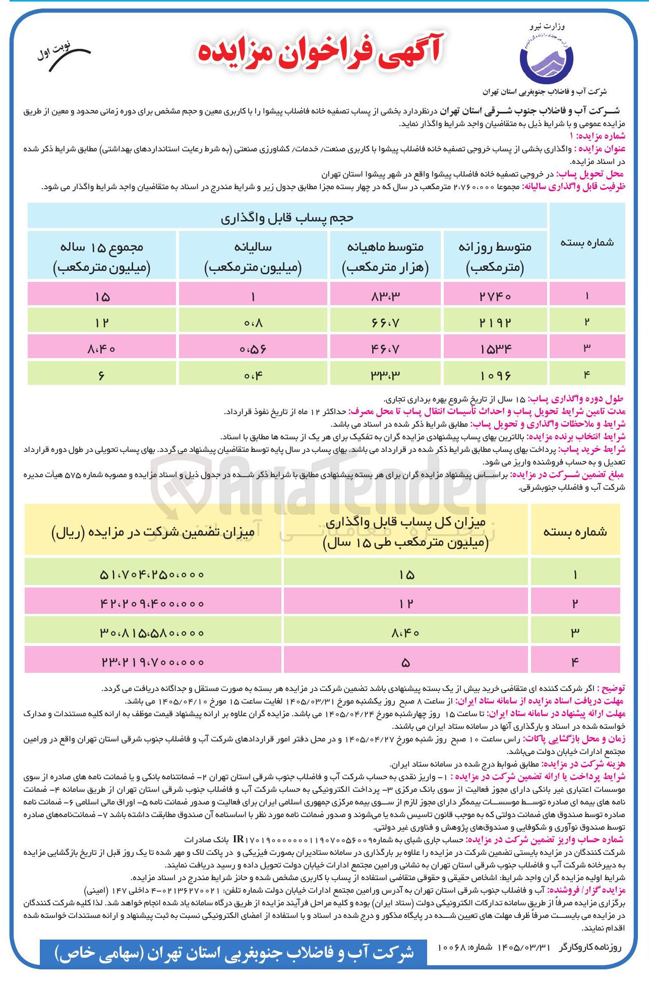 تصویر کوچک آگهی واگذاری بخشی از پساب خروجی تصفیه خانه فاضلاب پیشوا با کاربری صنعت/ خدمات/ کشاورزی 