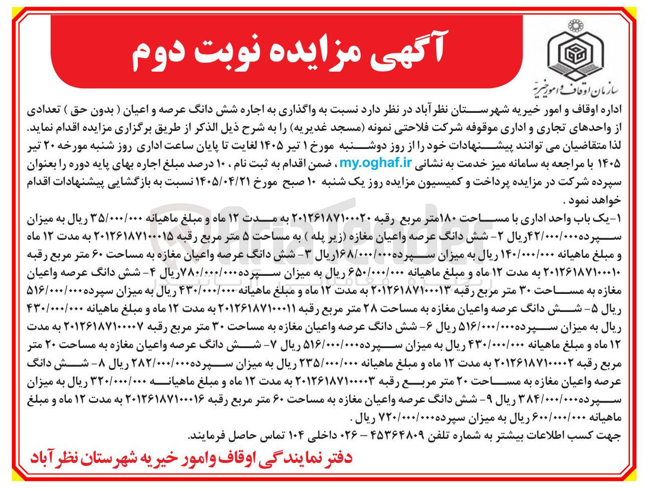 تصویر کوچک آگهی واگذاری به اجاره شش دانگ عرصه و اعیان تعدادی از واحدهای تجاری و اداری