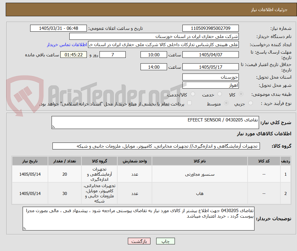 تصویر کوچک آگهی تقاضای 0430205 / EFEECT SENSOR