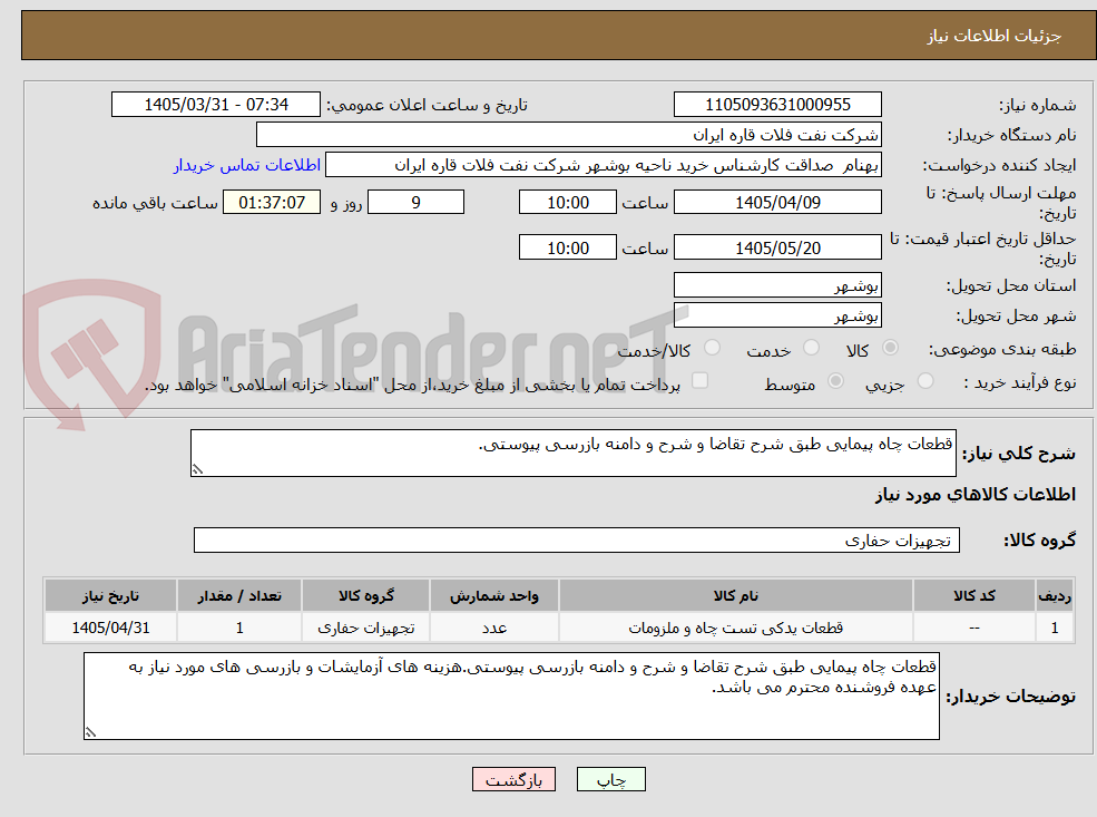 قطعات چاه پیمایی طبق شرح تقاضا و شرح و دامنه بازرسی پیوستی.