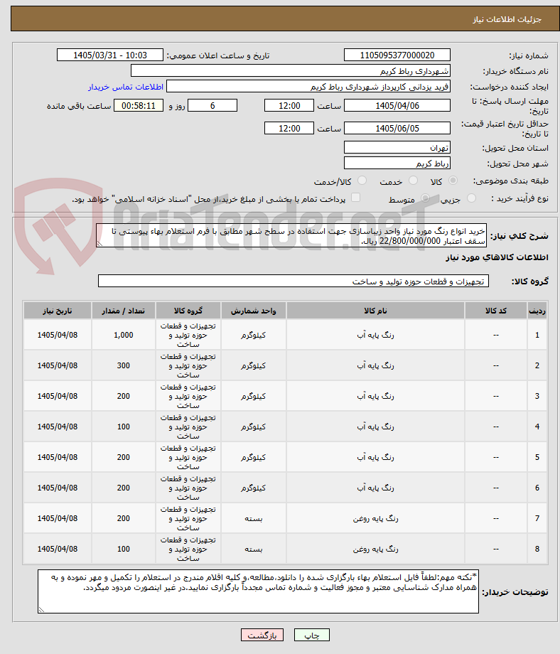 تصویر کوچک آگهی خرید انواع رنگ مورد نیاز واحد زیباسازی جهت استفاده در سطح شهر مطابق با فرم استعلام بهاء پیوستی تا سقف اعتبار 22/800/000/000 ریال.