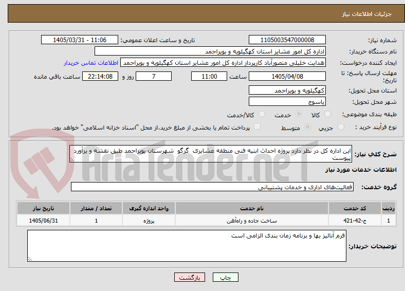 تصویر کوچک آگهی این اداره کل در نظر دارد پروژه احداث ابنیه فنی منطقه عشایری  گرگو  شهرستان بویراحمد طبق نقشه و برآورد پیوست