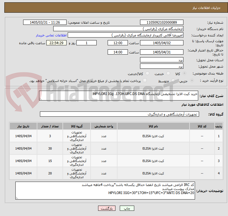 تصویر کوچک آگهی خرید کیت الایزا تشخیصی آزمایشگاه HPYLORI IGg .17OH.UFC.DS DNA