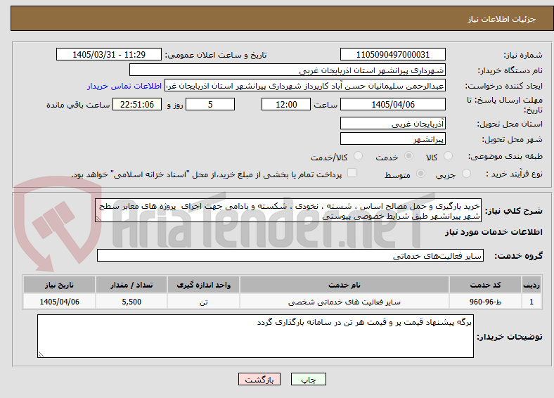 تصویر کوچک آگهی خرید بارگیری و حمل مصالح اساس ، شسته ، نخودی ، شکسته و بادامی جهت اجرای پروژه های معابر سطح شهر پیرانشهر طبق شرایط خصوصی پیوستی