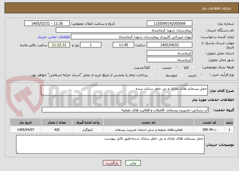 تصویر کوچک آگهی حمل پسماند های عادی و بی خطر سازی شده
