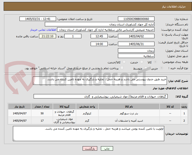 تصویر کوچک آگهی خرید طبق جدول پیوستی می باشد و هزینه حمل ، تخلیه و بارگیری به عهده تامین کننده می باشد.