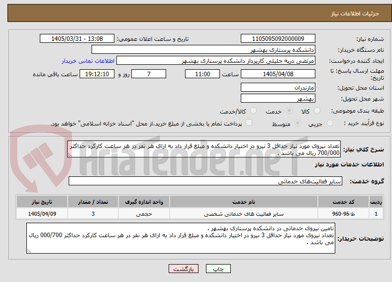 تصویر کوچک آگهی تعداد نیروی مورد نیاز حداقل 3 نیرو در اختیار دانشکده و مبلغ قرار داد به ازای هر نفر در هر ساعت کارکرد حداکثر 700/000 ریال می باشد .