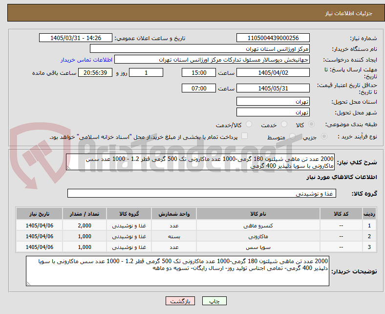 تصویر کوچک آگهی 2000 عدد تن ماهی شیلتون 180 گرمی-1000 عدد ماکارونی تک 500 گرمی قطر 1.2 - 1000 عدد سس ماکارونی با سویا دلپذیر 400 گرمی