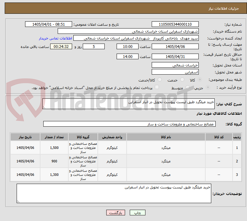 تصویر کوچک آگهی خرید میلگرد طبق لیست پیوست تحویل در انبار اسفراین