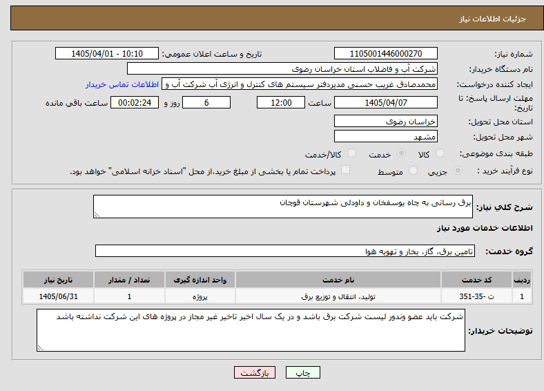 تصویر کوچک آگهی برق رسانی به چاه یوسفخان و داودلی شهرستان قوچان