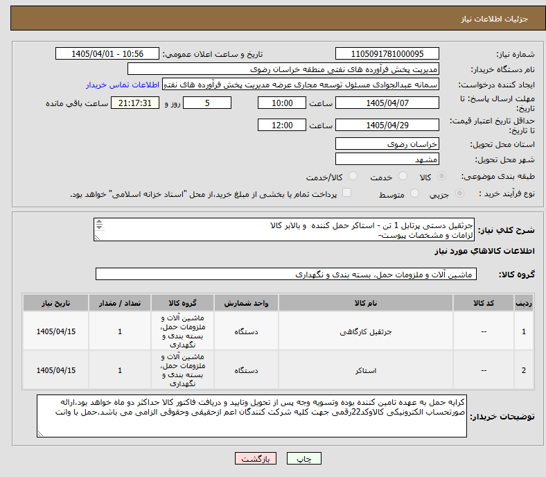 تصویر کوچک آگهی جرثقیل دستی پرتابل 1 تن - استاکر حمل کننده  و بالابر کالا 
لزامات و مشخصات پیوست-
رعایت قانون حمایت از کالای ایرانی الزامی می باشد