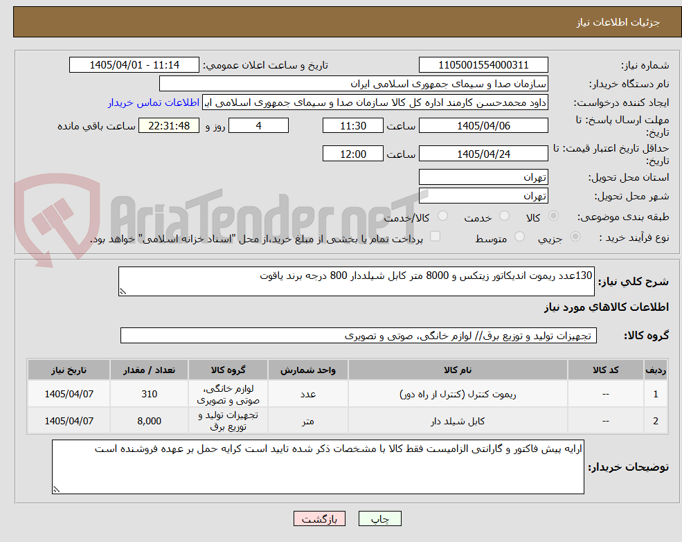 تصویر کوچک آگهی 130عدد ریموت اندیکاتور زیتکس و 8000 متر کابل شیلددار 800 درجه برند یاقوت