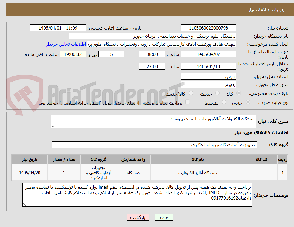 تصویر کوچک آگهی دستگاه الکترولایت آنالایزور طبق لیست پیوست
