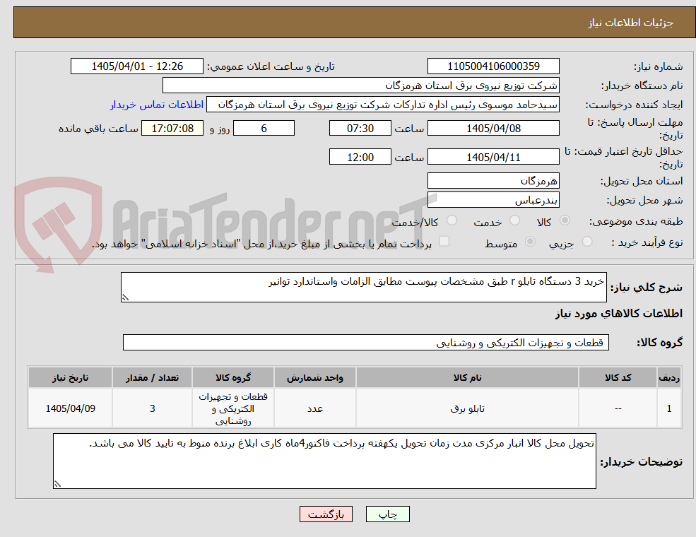 تصویر کوچک آگهی خرید 3 دستگاه تابلو r طبق مشخصات پیوست مطابق الزامات واستاندارد توانیر 