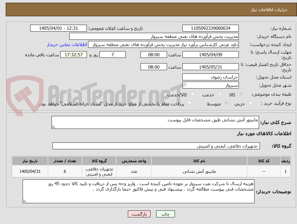 تصویر کوچک آگهی مانیتور آتش نشانی طبق مشخصات فایل پیوست