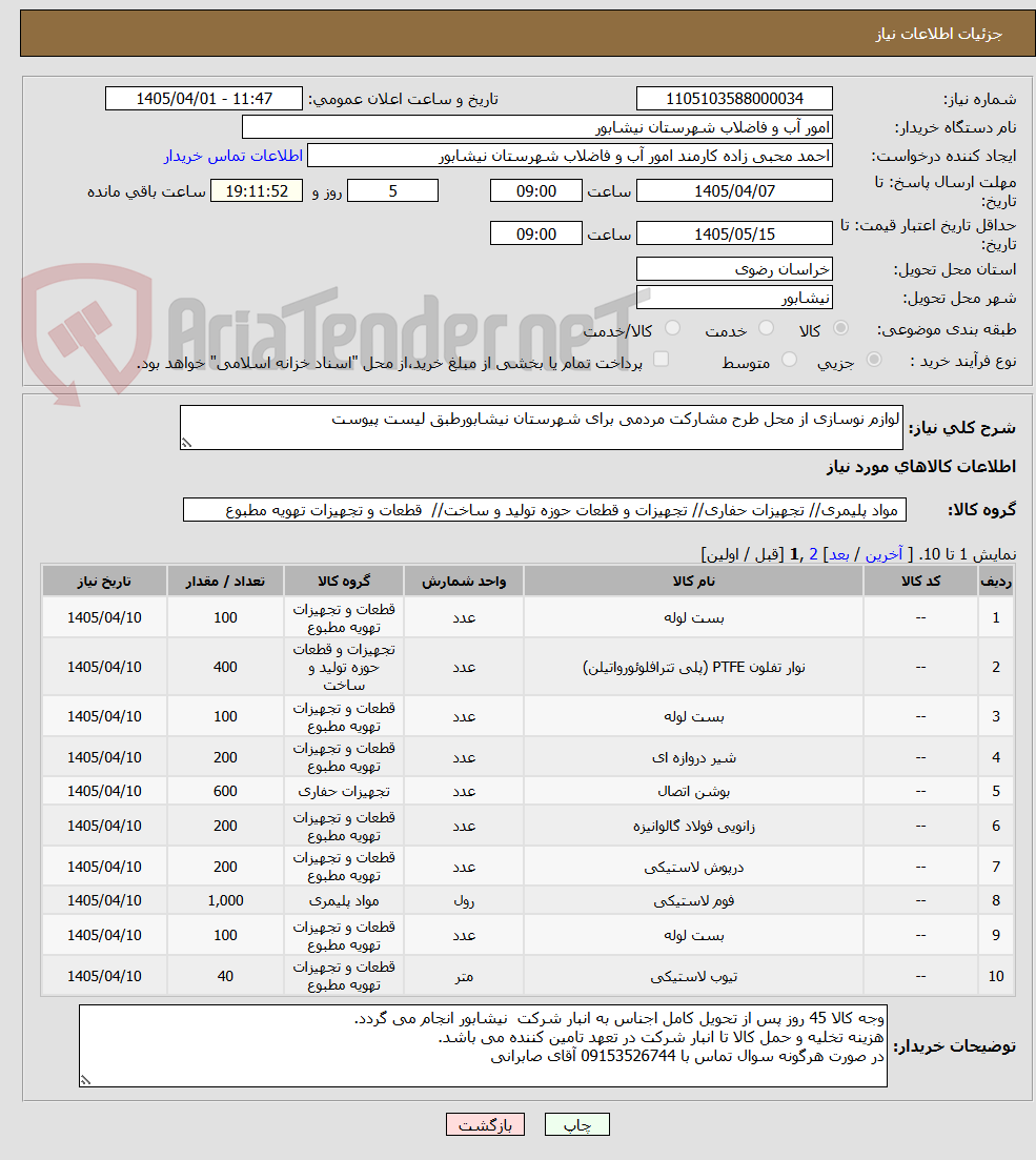 تصویر کوچک آگهی لوازم نوسازی از محل طرح مشارکت مردمی برای شهرستان نیشابورطبق لیست پیوست