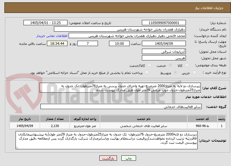 تصویر کوچک آگهی زیرسازی دو لایه به متراژ2000 مترمربع-تهیه واجرای جدول پرسی به متراژ76مترطول- تک جدول به متراژ25مترطول-جدول جوب عرضی 29متر طول طبق مدارک پیوست شده.