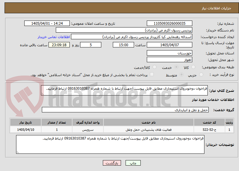 فراخوان دوخودروی استیجاری مطابق فایل پیوست/جهت ارتباط با شماره همراه 09163010387 ارتباط فرمایید.