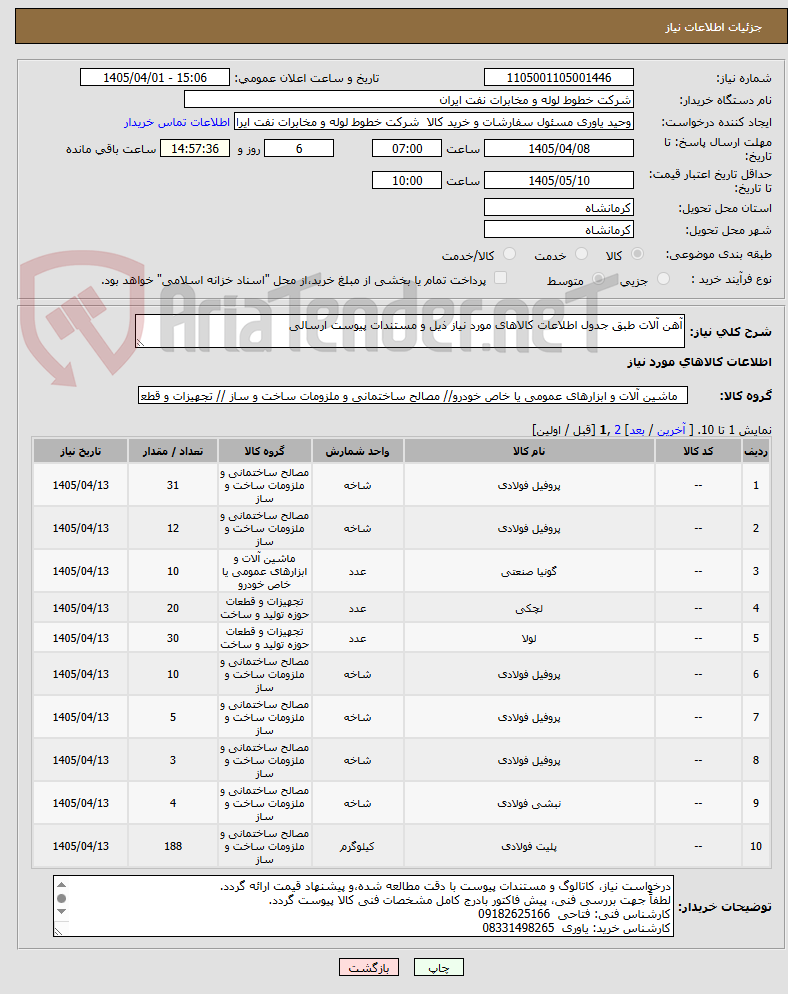 تصویر کوچک آگهی آهن آلات طبق جدول اطلاعات کالاهای مورد نیاز ذیل و مستندات پیوست ارسالی 