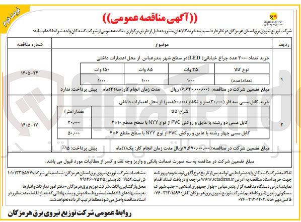 تصویر کوچک آگهی خرید تعداد ۳۰۰۰ عدد چراغ خیابانی (LED)