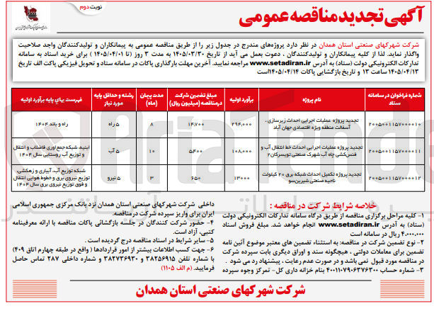 تصویر کوچک آگهی پروژه تکمیل احداث شبکه برق ۲۰ کیلولت ناحیه صنعتی