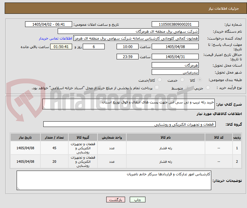 تصویر کوچک آگهی خرید رله تریپ و تی سی اس جهت پست های انتقال و فوق توزیع استان