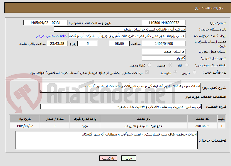 احداث حوضچه های شیر فشارشکن و نصب شیرآلات و متعلقات آن شهر گلمکان