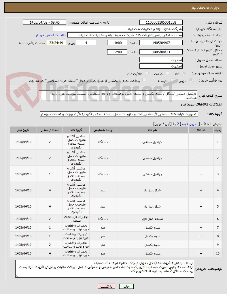 جرثقیل دستی /شگل / سیم بکسل و تسمه طبق توضیحات و واحد شمارش لیست پیوست مورد تایید میباشد