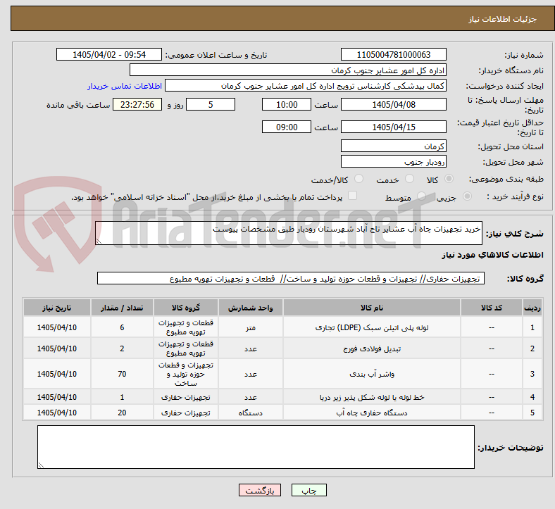 تصویر کوچک آگهی خرید تجهیزات چاه آب عشایر تاج آباد شهرستان رودبار طبق مشخصات پیوست