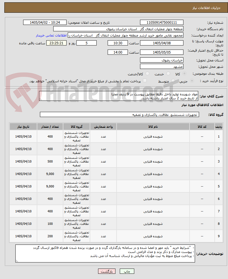 تصویر کوچک آگهی مواد شوینده تولید داخل دقیقا مطابق پیوست در 9 ردیف مجزا 
از تاریخ خرید 2 سال اعتبار داشته باشد.