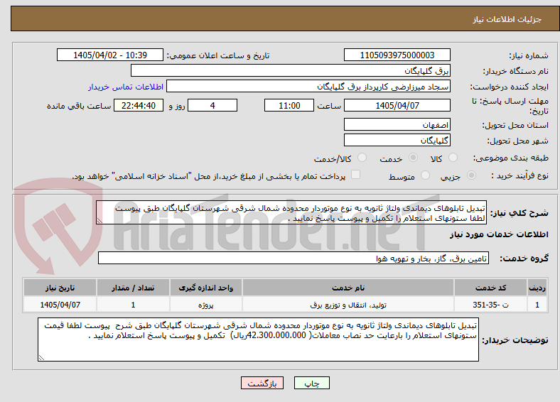 تصویر کوچک آگهی تبدیل تابلوهای دیماندی ولتاژ ثانویه به نوع موتوردار محدوده شمال شرقی شهرستان گلپایگان طبق پیوست لطفا ستونهای استعلام را تکمیل و پیوست پاسخ نمایید .