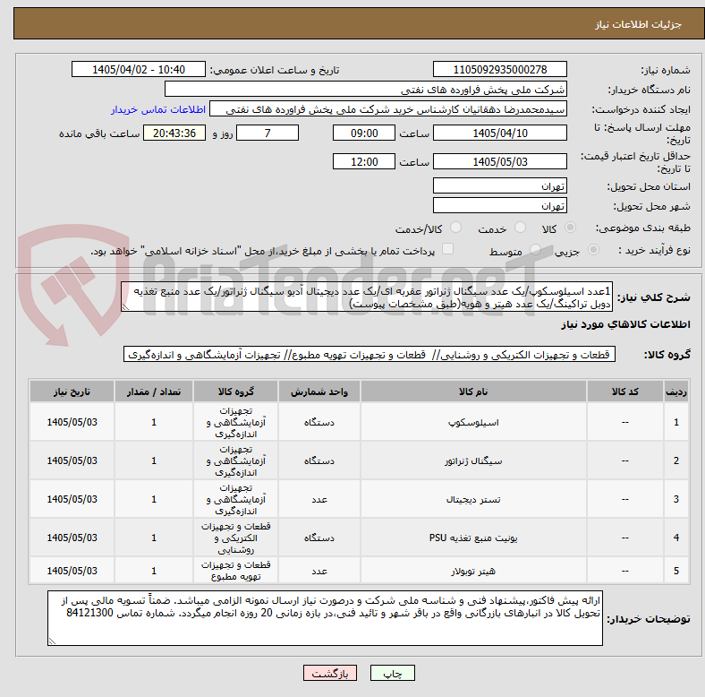 تصویر کوچک آگهی 1عدد اسیلوسکوپ/یک عدد سیگنال ژنراتور عقربه ای/یک عدد دیجیتال آدیو سیگنال ژنراتور/یک عدد منبع تغذیه دوبل تراکینگ/یک عدد هیتر و هویه(طبق مشخصات پیوست)
