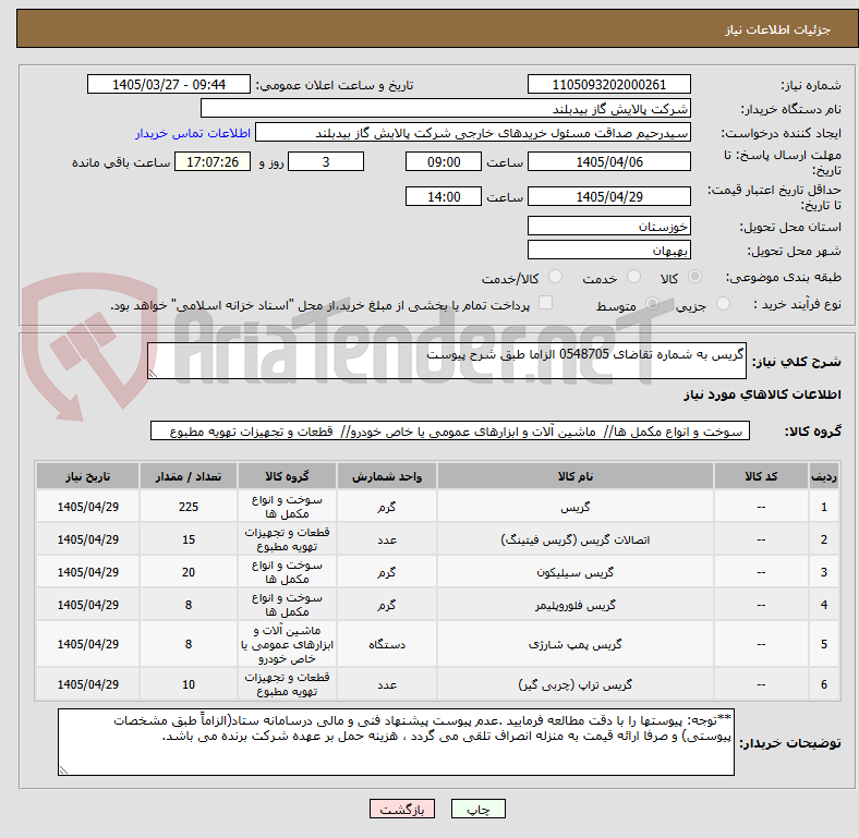 تصویر کوچک آگهی گریس به شماره تقاضای 0548705 الزاما طبق شرح پیوست