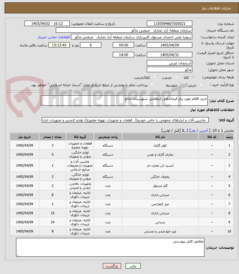 تصویر کوچک آگهی خرید اقلام مورد نیاز فرماندهی انتظامی شهرستان ماکو
