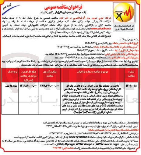 تصویر کوچک آگهی واگذاری خدمات نظارت بر اجرای پروزههای سرمایهای کارفرما شامل پروژههای توسعه و احداث، اصلاح و ساماندهی، تیرورسانی (برق رسانی)، کاهش تلفات، توسعه فیدرها، روستاهای نمونه و پروژههای استانی و پروژههای توسعه و اصلاح و بهینه سازی روستایی