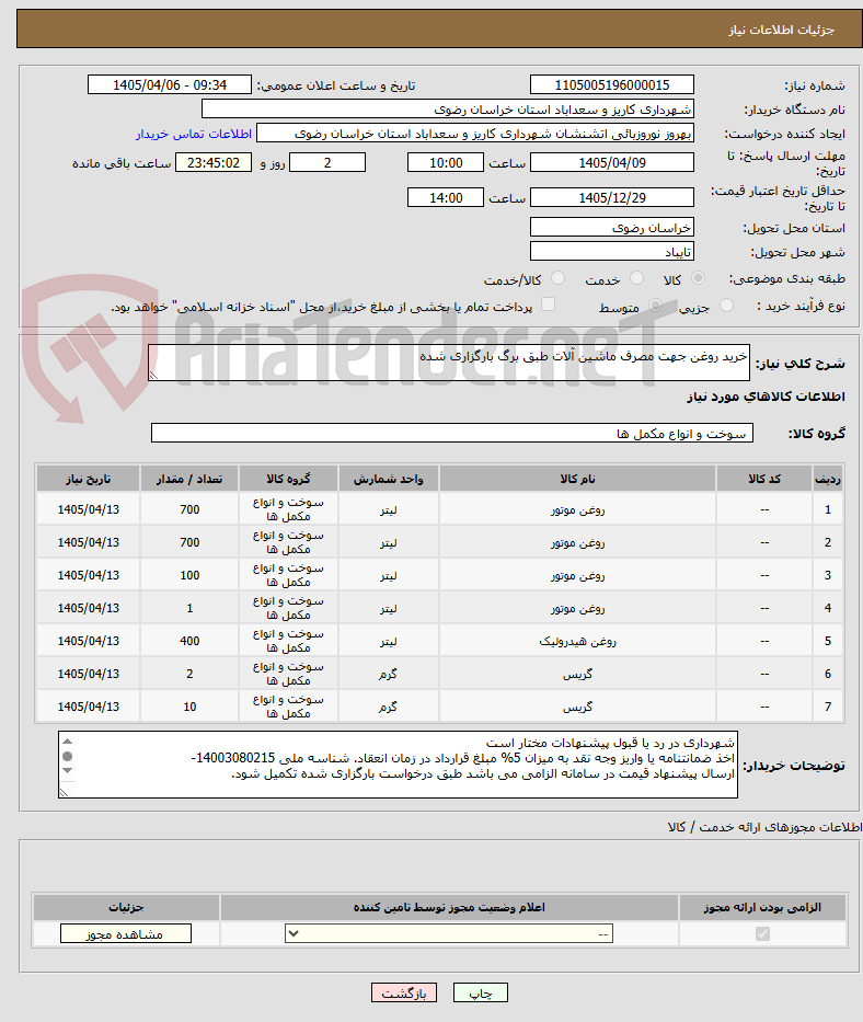 تصویر کوچک آگهی خرید روغن جهت مصرف ماشین آلات طبق برگ بارگزاری شده