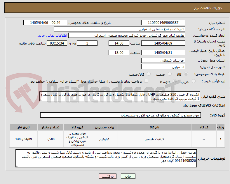 تصویر کوچک آگهی الکترود گرافینی 350 میلیمتری UHP ، فایل شماره 1 تکمیل و بارگزاری گردد. در صورت عدم بارگزاری فایل شماره 1 قیمت ترتیب اثر داده نمی شود.