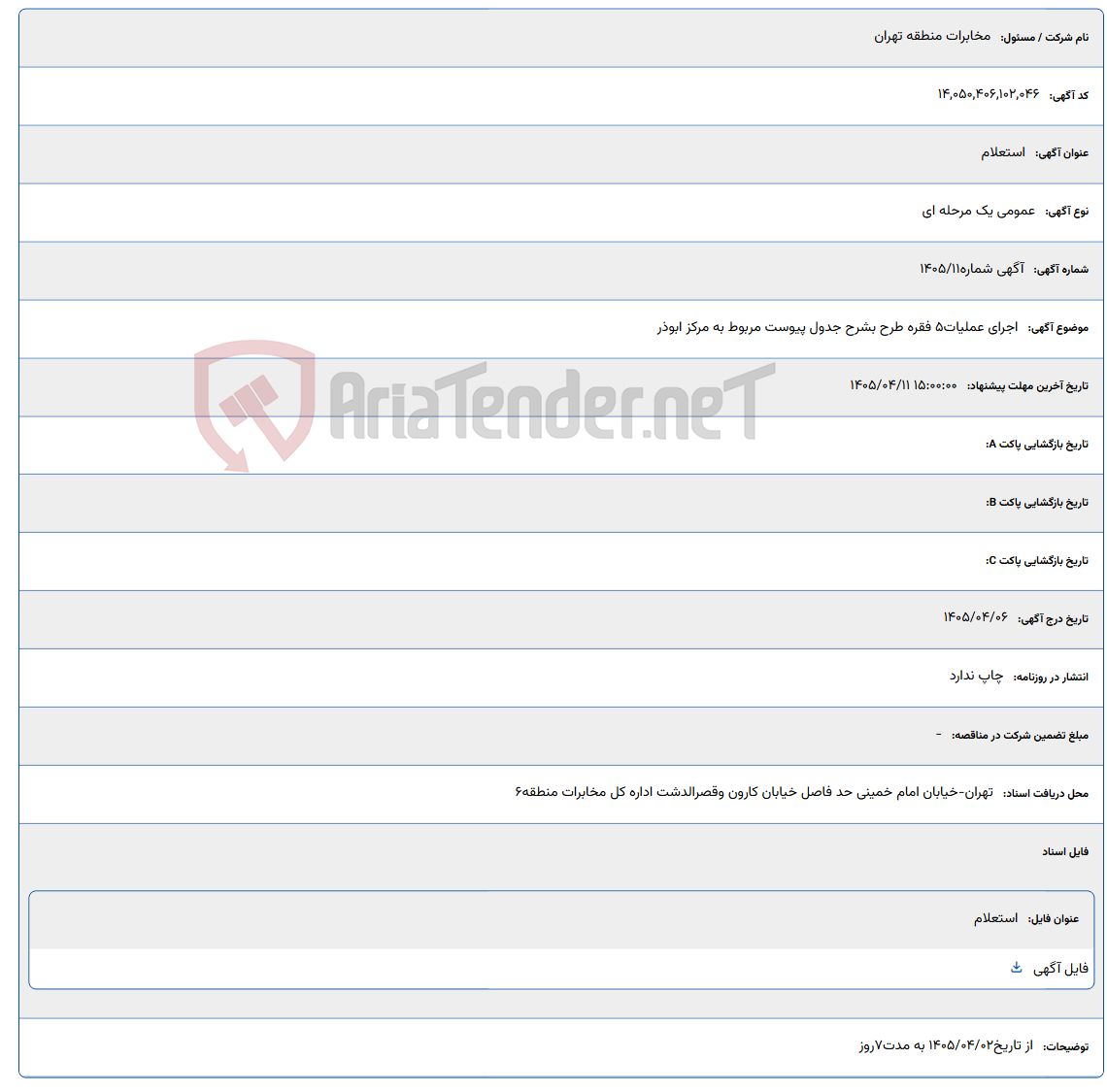 تصویر کوچک آگهی اجرای عملیات5 فقره طرح بشرح جدول پیوست مربوط به مرکز ابوذر