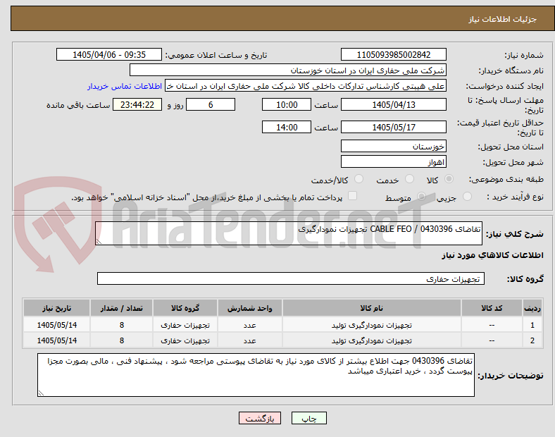 تصویر کوچک آگهی تقاضای 0430396 / CABLE FEO تجهیزات نمودارگیری