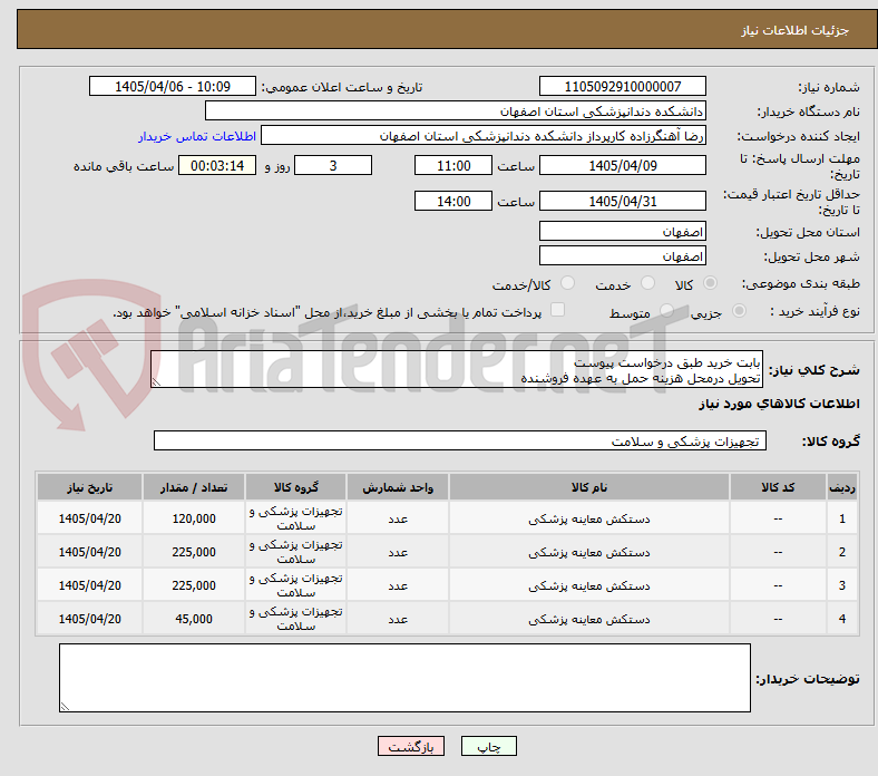 تصویر کوچک آگهی بابت خرید طبق درخواست پیوست 
تحویل درمحل هزینه حمل به عهده فروشنده