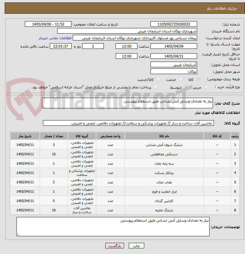 تصویر کوچک آگهی نیاز به تعدادی وسایل آتش نشانی طبق استعلام پیوستی