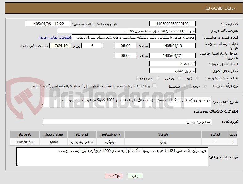 خرید برنج پاکستانی 1121 ( طبیعت ، زیتون ، آق بانو ) به مقدار 1000 کیلوگرم طبق لیست پیوست.