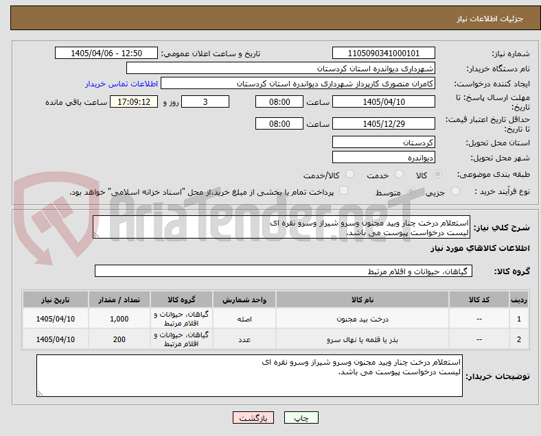 تصویر کوچک آگهی استعلام درخت چنار وبید مجنون وسرو شیراز وسرو نقره ای
لیست درخواست پیوست می باشد.