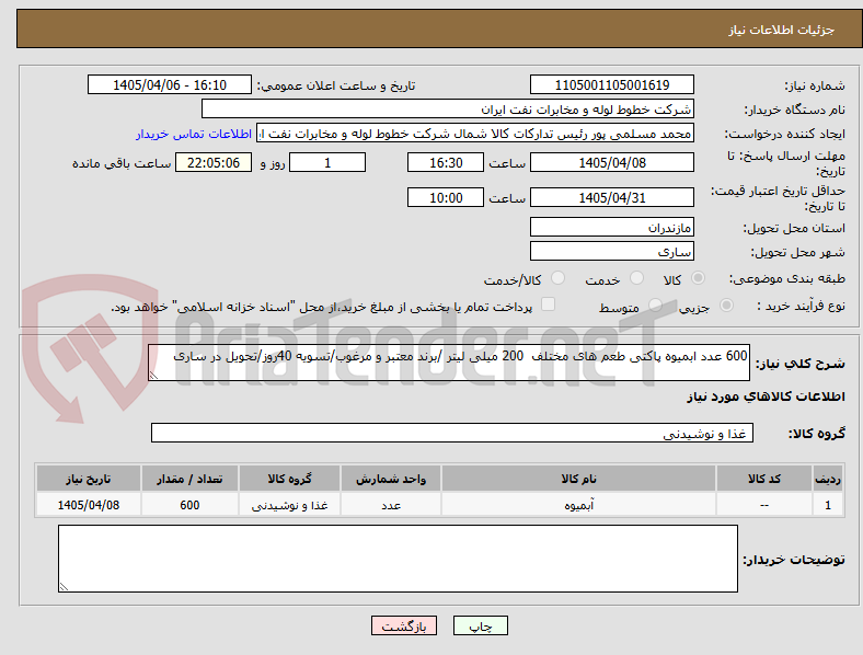 600 عدد ابمیوه پاکتی طعم های مختلف 200 میلی لیتر /برند معتبر و مرغوب/تسویه 40روز/تحویل در ساری