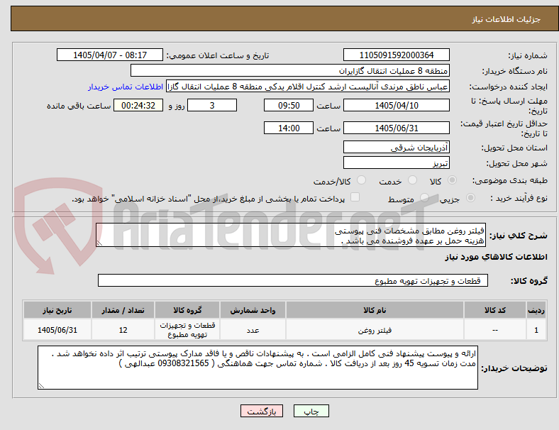 تصویر کوچک آگهی فیلتر روغن مطابق مشخصات فنی پیوستی
هزینه حمل بر عهده فروشنده می باشد .