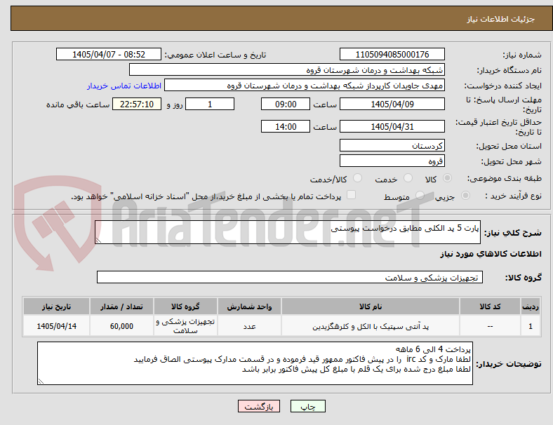 تصویر کوچک آگهی پارت 5 پد الکلی مطابق درخواست پیوستی