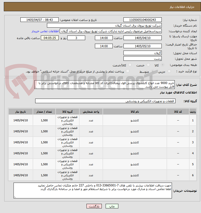 تصویر کوچک آگهی خرید 9000 عدد انواع کابلشوی پرسی فول بیمتال//ایران کد کالا مشابه و مشخصات کالای درخواستی برابر با فایل پیوست می باشد.